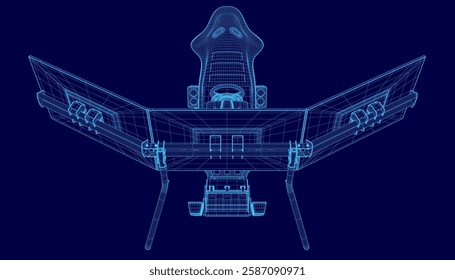 A blue drawing of a vehicle with a cockpit and a cockpit console. The cockpit console is a joystick and a steering wheel