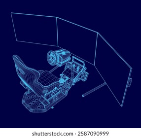 A blue drawing of a vehicle with a cockpit and a cockpit console. The cockpit console is a joystick and a steering wheel