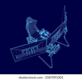 A blue drawing of a vehicle with a cockpit and a cockpit console. The cockpit console is a joystick and a steering wheel