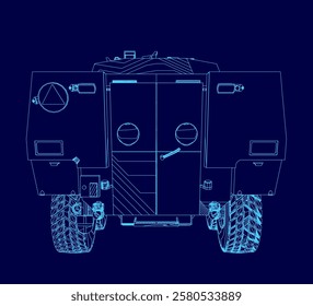 Blue drawing of a vehicle with a door on the left side. The door has a triangle on it