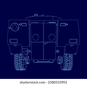 Blue drawing of a vehicle with a triangle on the hood. The vehicle is a truck. The drawing is in blue