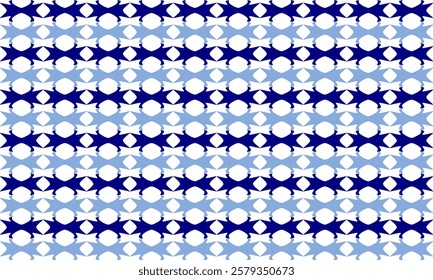 blue drawing vintage diamond as repeat pattern on white background, vector, replete pattern image designed for fabric printing grid block, blue row horizontal strip
