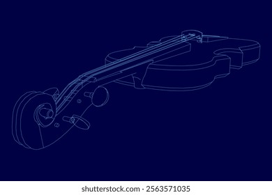 Blue drawing of a violin with a blue background. The violin is shown in a stylized way, with the strings and body of the instrument emphasized. Concept of creativity and artistic expression