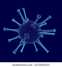 Blue drawing of a virus. The virus is shown in a very detailed and realistic way, with many small spikes and a very intricate design. Scene is somewhat ominous and foreboding