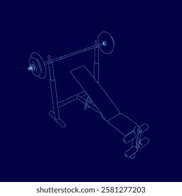 A blue drawing of a weight bench with a barbell on it. The bench is a bench press and the barbell is a dumbbell