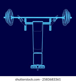 A blue drawing of a weight bench with a barbell on top of it. The bench is empty and the barbell is in the middle of the bench