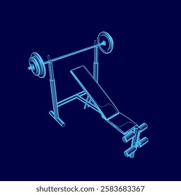 A blue drawing of a weight bench with a barbell on it. The bench is a bench press machine