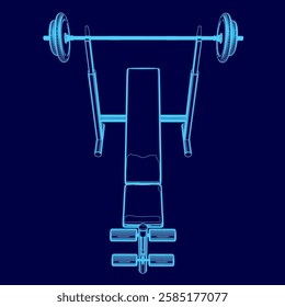 A blue drawing of a weight bench with a barbell on top. The bench is designed to hold weights and is a popular piece of gym equipment