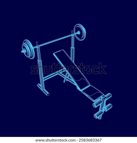 A blue drawing of a weight bench with a barbell on it. The bench is a bench press machine