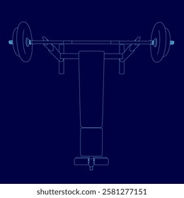 A blue drawing of a weight bench with a pair of dumbbells on it. The bench is shown in a blue style