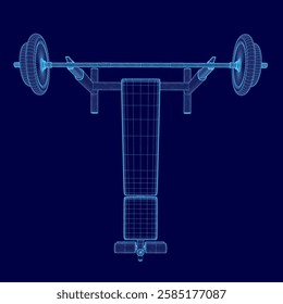 A blue drawing of a weight bench with a pair of dumbbells on top of it. The dumbbells are positioned at the top of the bench, with one on the left side and the other on the right side