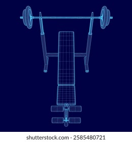 A blue drawing of a weight bench with a pair of dumbbells on top. The bench is empty and the dumbbells are not in use