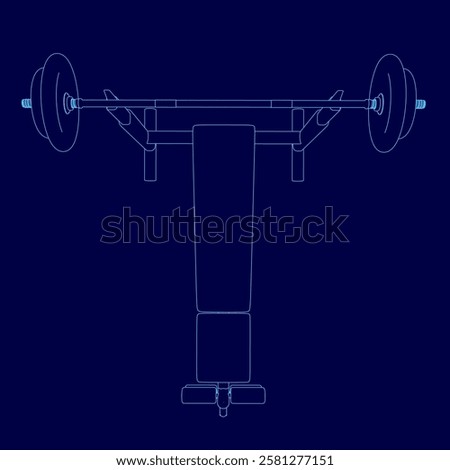 A blue drawing of a weight bench with a pair of dumbbells on it. The bench is shown in a blue style