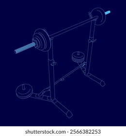 Blue drawing of a weightlifting bar with a pair of dumbbells on top. The bar is made of metal and has a blue handle