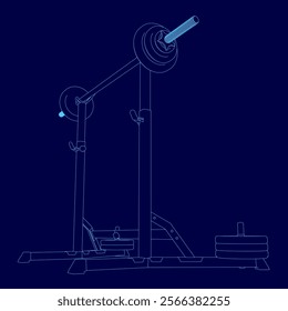 Blue drawing of a weightlifting machine with a barbell on it. The machine is designed to help people build muscle and strength