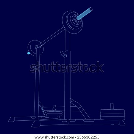 Blue drawing of a weightlifting machine with a barbell on it. The machine is designed to help people build muscle and strength
