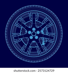 Blue drawing of a wheel with a rim. The wheel is shown in a stylized way, with a focus on the spokes and the center of the wheel. Scene is somewhat abstract and artistic