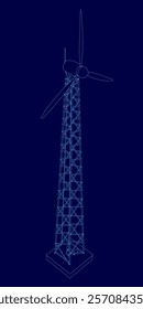 Blue drawing of a wind turbine. The drawing is in blue and is very detailed. The wind turbine is tall and has a lot of detail, including the blades and the base