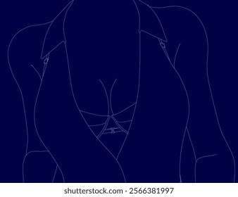 Blue drawing of a woman with a shirt and a bra.