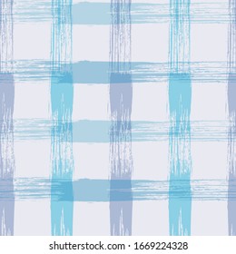 Blue Drawn Grid Vector Seamless Pattern. Brush Cell Mexican Print. Pink Cute Grunge Pattern. Scandinavian Retro Line Illustration. Graphic American Vector Seamless Pattern