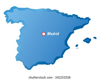 Blue drawn Map of Spain borders. EPS vector outline graphic. Madrid - Capital City.
