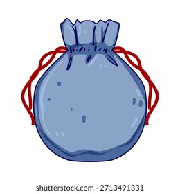 Ilustração de saco de cordão azul que representa conceitos de manter os objetos de valor seguros, manter tesouros ou pertences pessoais e armazenar presentes ou objetos especiais, isolados sobre um fundo branco
