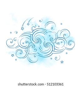 Blue dream cloud and shooting stars boho doodle isolated vector illustration