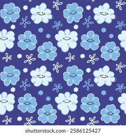 Blue Dreamy Pattern. A seamless pattern featuring cute hand-drawn blue flowers with smiling faces on a deep blue background, accented with small whimsical floral details. A cozy and dreamy aesthetic.