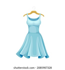 Blue Dress with Flared Skirt on Hanger as Neat and Clean Clothing Vector Illustration