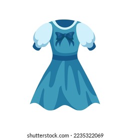 Blue dress for girls and kids cartoon illustration. Hand drawn dress on white background. Childrens wardrobe, fashion concept