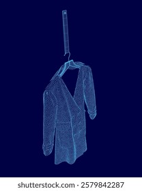 Blue dress hanging on a clothesline. The dress is made of a shiny material and has a pattern on it. The dress is hanging from a clothesline, which is attached to a hook. The image has a cool