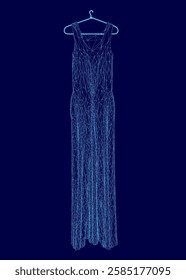 A blue dress hanging on a hanger. The dress is long and has a flowy design