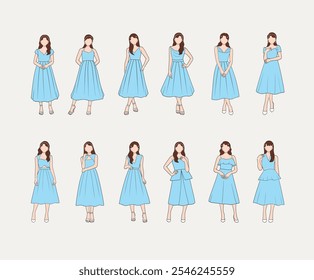 Conjunto de ilustración de vestido azul. Presenta a las mujeres en varios vestidos azules elegantes con diferentes estilos y poses. Perfecto para catálogos de moda, inspiración de diseño y ropa.