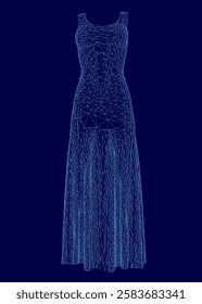 A blue dress with a long skirt and a short top. The dress is made of a shiny material and has a very modern look