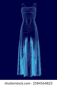 A blue dress with a long skirt is shown in a blue background. The dress is very long and has a very slim silhouette