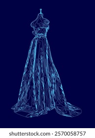 Blue dress with a long train is shown in a blue background. The dress is drawn in a stylized way, with a focus on the train and the overall silhouette of the dress