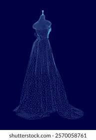 Blue dress with a long train is shown in a blue background. The dress is drawn in a stylized way, with the train extending from the waist down to the floor. The dress is elegant and sophisticated