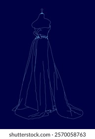 Blue dress with a long train is shown in a blue background. The dress is drawn in a stylized way, with the train extending from the waist down to the floor. The dress is elegant and sophisticated