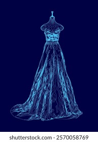 Blue dress with a long train is shown in a stylized way. The dress is drawn in a way that it is a 3D model, and it is hanging on a mannequin