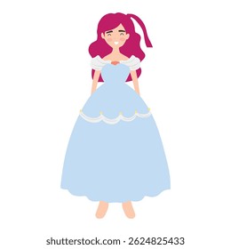 Vestido azul princesa vestindo desenho plano desenho animado