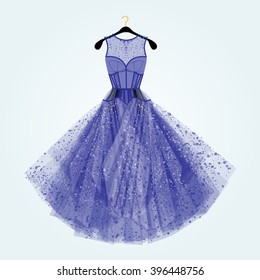 Blue dress with rhinestones. Fashion illustration. Blue dress for special event.