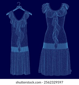 Blue dress with a trim hangs on a hanger. The dress is a long, flowing gown with a ruffled skirt. The dress is made of a shiny, silky material and has a high neckline