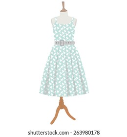 Blue dress with white pigeon pattern  on mannequin vector isolated