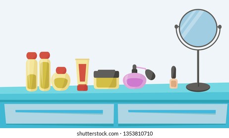 Blue dressing table legs with cosmetics for women. Vector flat illustration.