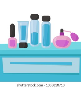 Blue dressing table legs with cosmetics for women. Vector flat illustration.
