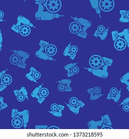Blue Drill machine and gear icon isolated seamless pattern on blue background. Adjusting app, service concept, setting options, maintenance, repair, fixing. Vector Illustration