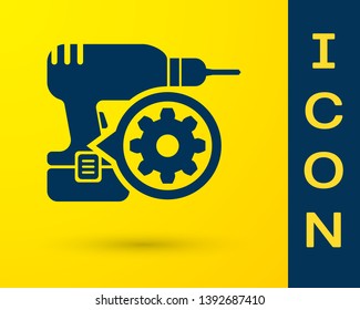 Blue Drill machine and gear icon isolated on yellow background. Adjusting app, service concept, setting options, maintenance, repair, fixing. Vector Illustration
