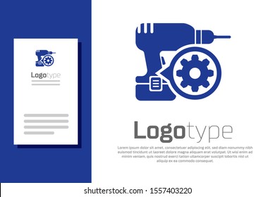 Blue Drill machine and gear icon isolated on white background. Adjusting app, service concept, setting options, maintenance, repair, fixing. Logo design template element. Vector Illustration