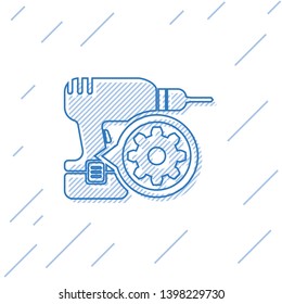 Blue Drill machine and gear line icon isolated on white background. Adjusting app, service concept, setting options, maintenance, repair, fixing. Vector Illustration