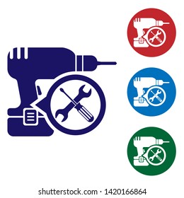 Blue Drill machine with screwdriver and wrench icon isolated on white background. Adjusting, service, setting, maintenance, repair, fixing. Set color icon in circle buttons. Vector Illustration